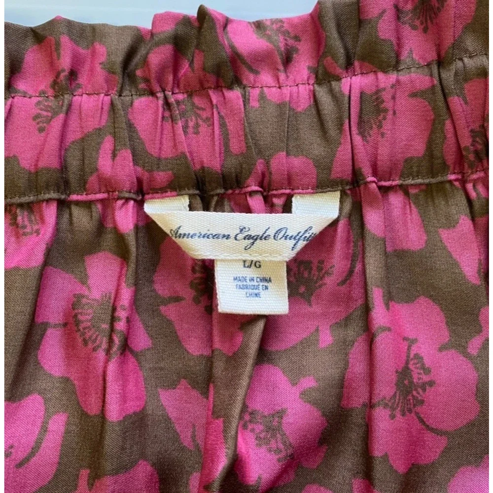 American Eagle Outfitters Skirt Women Large Brown/Pink Poppies Pockets Elastic W